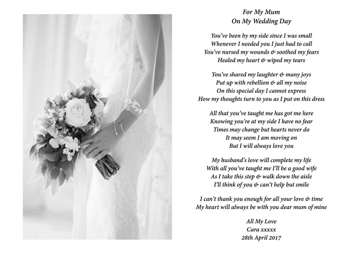 A4 Personalised For My Mum On My Wedding Day Keepsake
