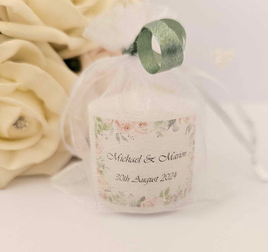 SET OF 10 PERSONALISED FLORAL WEDDING FAVOUR VOTIVE CANDLES