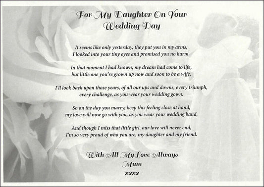 Mum To Daughter Personalised Wedding Day Poem