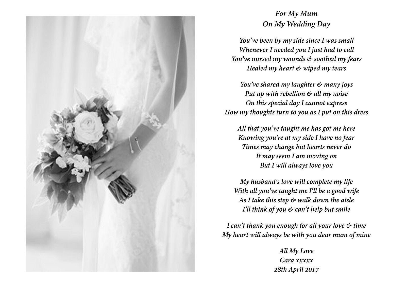 A4 Personalised For My Mum On My Wedding Day Keepsake