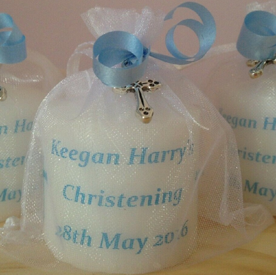 Set Of 10 Blue Personalised Christening Candles